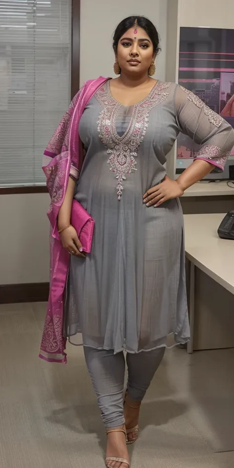 Day scene, A radiant, full-figured South Indian 3 aunty wearing a gray colour chiffon transparent salwar and leggings, standing, in a office, captured in a full-body image with vibrant hues and meticulous details. Full body image