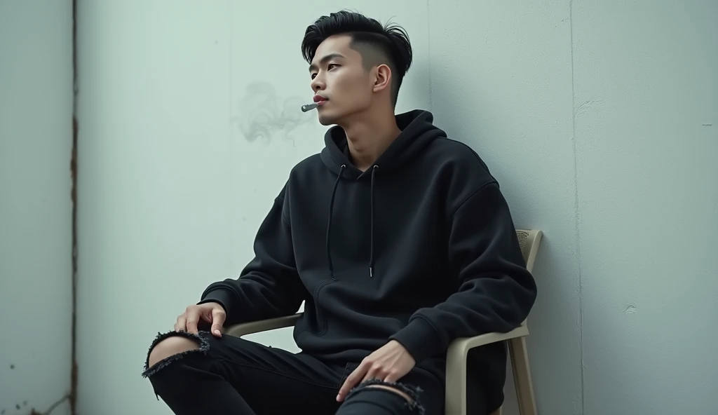 A handsome Asian man, black hair with crew cut hair style, wearing a black hoodie labeled "SANG PENULIS", torn black jeans. Sitting on a plastic chair and leaning back, exhaling smoke from his mouth, smoking casually, also giving a smoke effect. White pain...