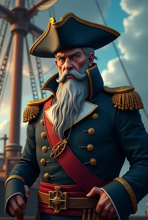 (best quality,4k,8k,highres,masterpiece:1.2),ultra-detailed,(realistic,3D Anime,Anime 3D:1.37),highly detailed portrait of a male pirate admiral, imposing figure standing at the helm of a grand sailing ship, ornate uniform with gold epaulets, weathered fac...