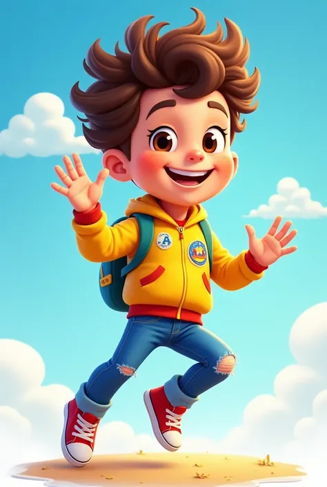 "A cheerful young boy character named Cheery the Champ. He has curly hair, bright eyes, and a big smile. Hes wearing a bright yellow jacket with colorful patches, blue jeans, and red sneakers. He’s in a playful pose, maybe jumping or waving. He has a small...