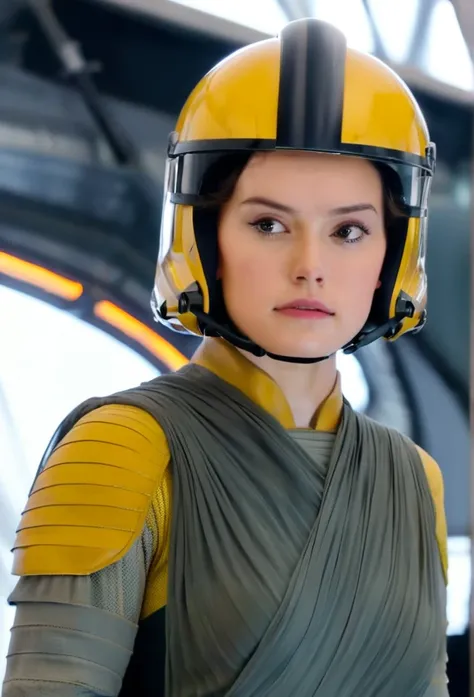 Daisy Ridley, ((( seios super pesado e gigantescos ))) giant biggest bust forward Giants busty forward Giants busty, wearing a yellow uniform in Spaceship
