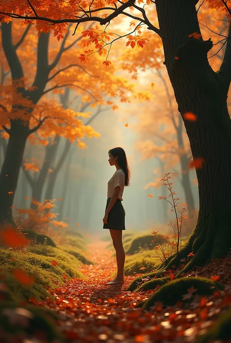 Realistic style，Photo Style， girl standing far away，Standing far away，Realistic style，Autumn forest