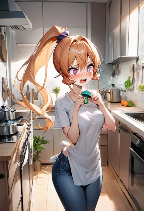 1girl, nakiri erina, shokugeki no souma,@_@,condfused, apron, t-shirt, jeans, ponytail, kitchen, masterpiece, best quality, absurdres, dizzy, swirly eyes,holiding a poisonous mushroom,nibbled on,kitchen