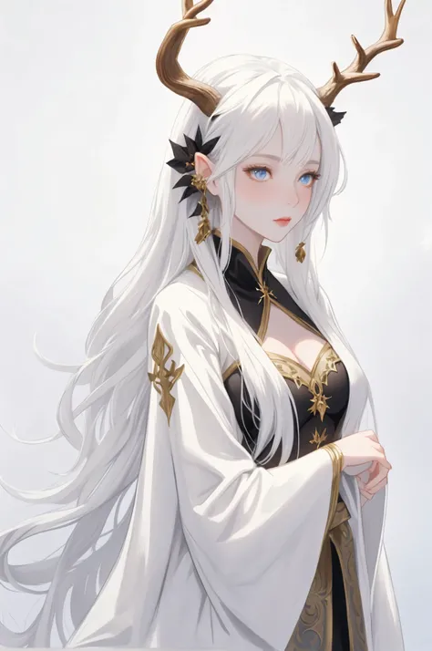 Mature woman, solo female, deer ears, deer girl, deer horns, hidden ears, white hair, long hair, blue eyes, pale skin, fantasy clothing, top quality, ultra definition, Illustration, high resolution, fantasy background