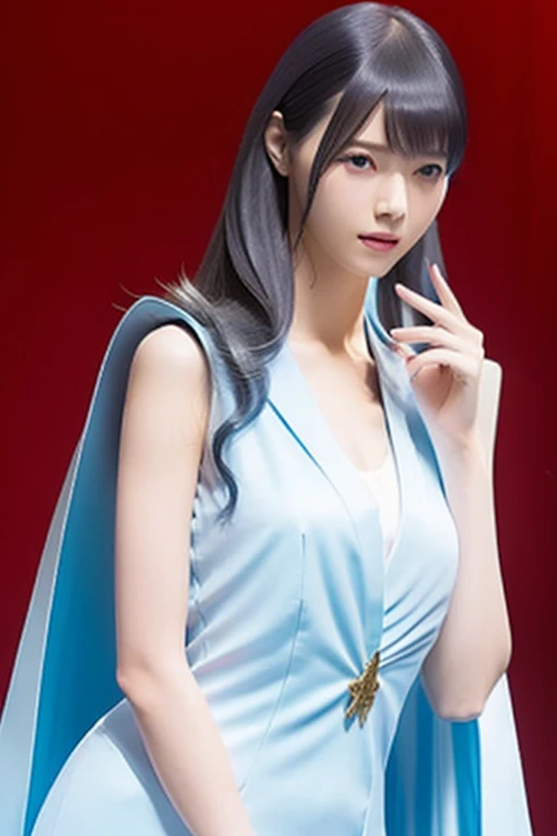 Long, slender legs, Woman with sky blue hair posing, Tight light blue suit, Dress neatly, Elegant legs, Wear white high heels，, Very beautiful, long and slender legs, Close-up portrait of a woman in a blue suit and red cape, Capcom, As a Tekken character, ...