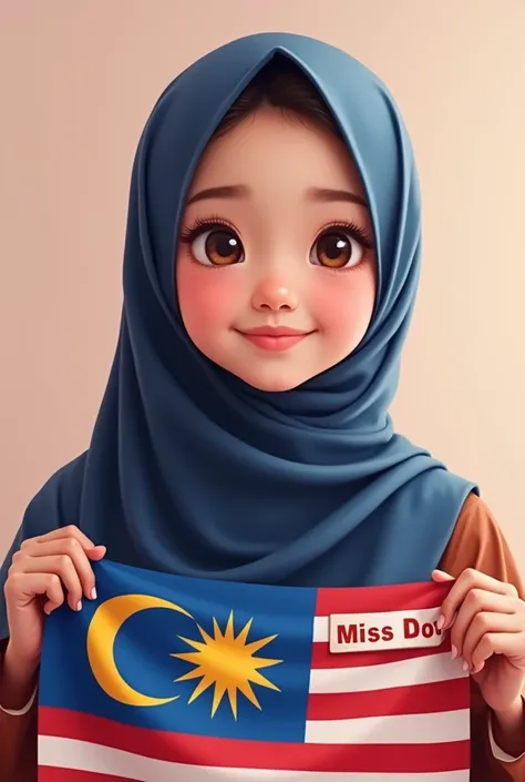 Cute malaysian girl with tudung holding malaysian flag with nametag Miss Dot