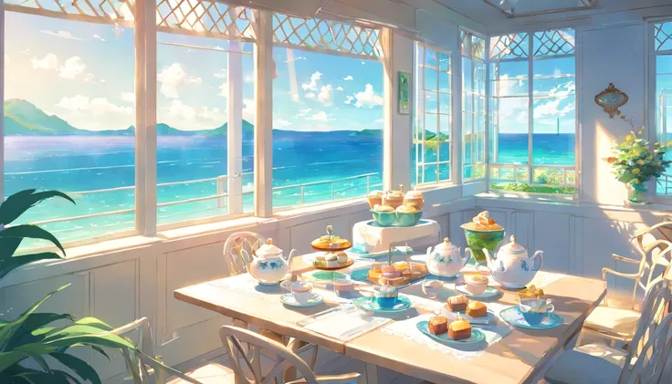 An entirely white and blue room、Afternoon tea on the table、White lattice window、Glass ornaments on windows、Seashell interior、You can see the emerald green ocean from the window.