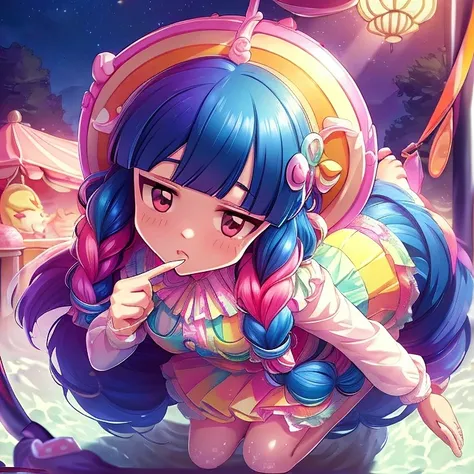 plastican00d， 1girls， Chibi T-Shi， Colored hair， Luxury fabrics， dithering， Ice cream texture，Profound， looks at the viewer， Striped backgrounda close up of a person with colorful hair and a Rainbow Colors wig, rainbow hair overlay, Rainbow Colors hair, ra...