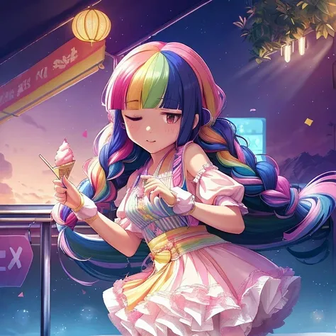 plastican00d， 1girls， Chibi T-Shi， Colored hair， Luxury fabrics， dithering， Ice cream texture，Profound， looks at the viewer， Striped backgrounda close up of a person with colorful hair and a Rainbow Colors wig, rainbow hair overlay, Rainbow Colors hair, ra...