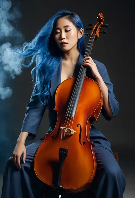 (Nigerian-Korean woman)+++, 2, playing a cello, provocative pose, (ethereal appearance)+++, deep in thought, not interacting with elements, sexy editorial studio image, spotlit, backlit, beautiful model, busty, wearing a loose pantsuit, long blue hair, (sm...