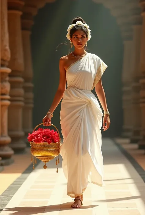 Kerala style girl walking on ramp wearing  white traditional kasavu saree with  blouse and having a white garlet on her head with white small Jasmine flowers and holding a small hanging basket made with gold filled with red flowers of visiting to kerala te...