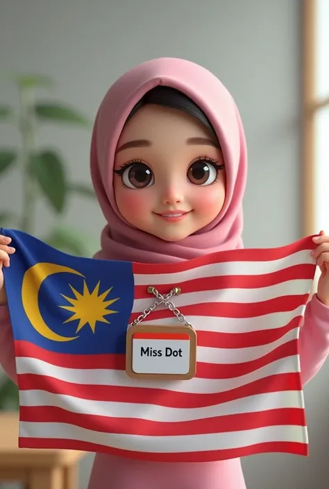 Cute hijab girl holding malaysian flag with nametag Miss Dot