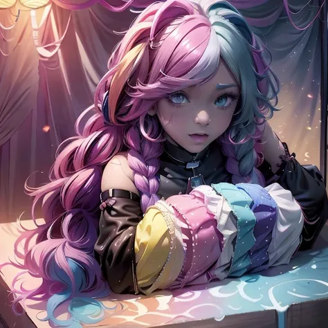 plastican00d， 1girls， Chibi T-Shi， Colored hair， Luxury fabrics， dithering， Ice cream texture，Profound， looks at the viewer， Striped backgrounda close up of a person with colorful hair and a Rainbow Colors wig, rainbow hair overlay, Rainbow Colors hair, ra...