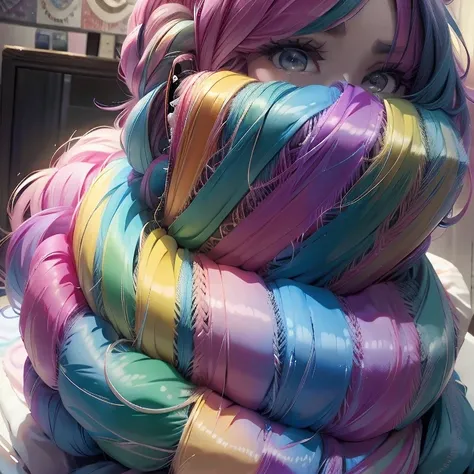 plastican00d， 1girls， Chibi T-Shi， Colored hair， Luxury fabrics， dithering， Ice cream texture，Profound， looks at the viewer， Striped backgrounda close up of a person with colorful hair and a Rainbow Colors wig, rainbow hair overlay, Rainbow Colors hair, ra...