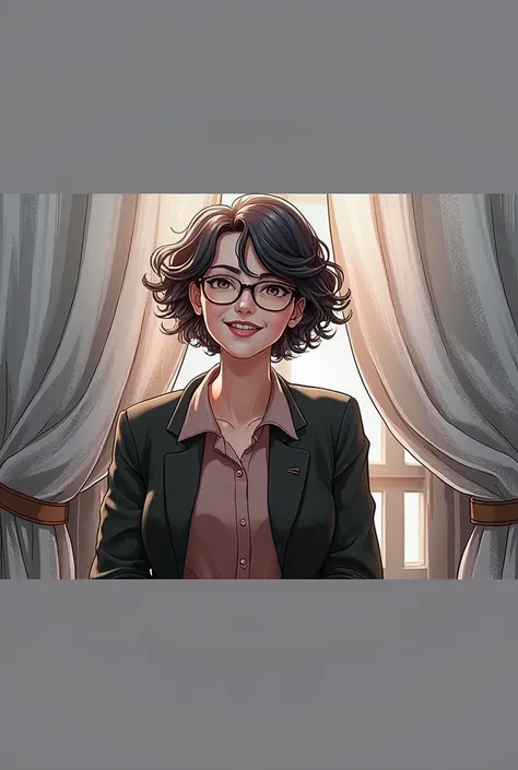 Create as the character short curly hair, curtain, glasses, being a teacher