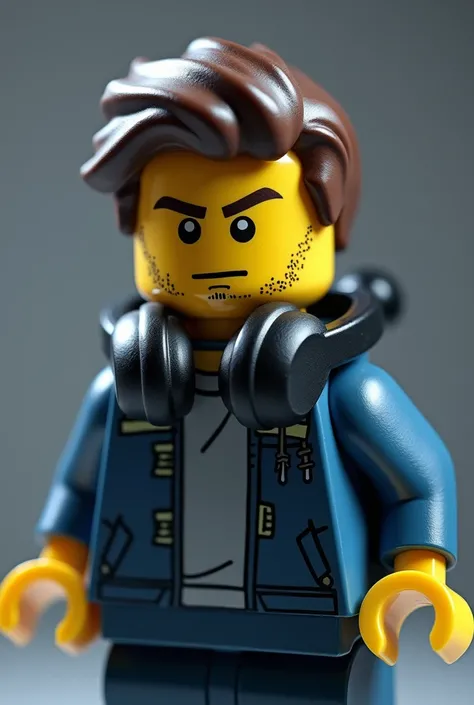 Make a lego of a handsome boy gaming put some headset in his neck and long-sleeved standing straight facing forward put some bangs on it and a little mole in the mouth below lips right side