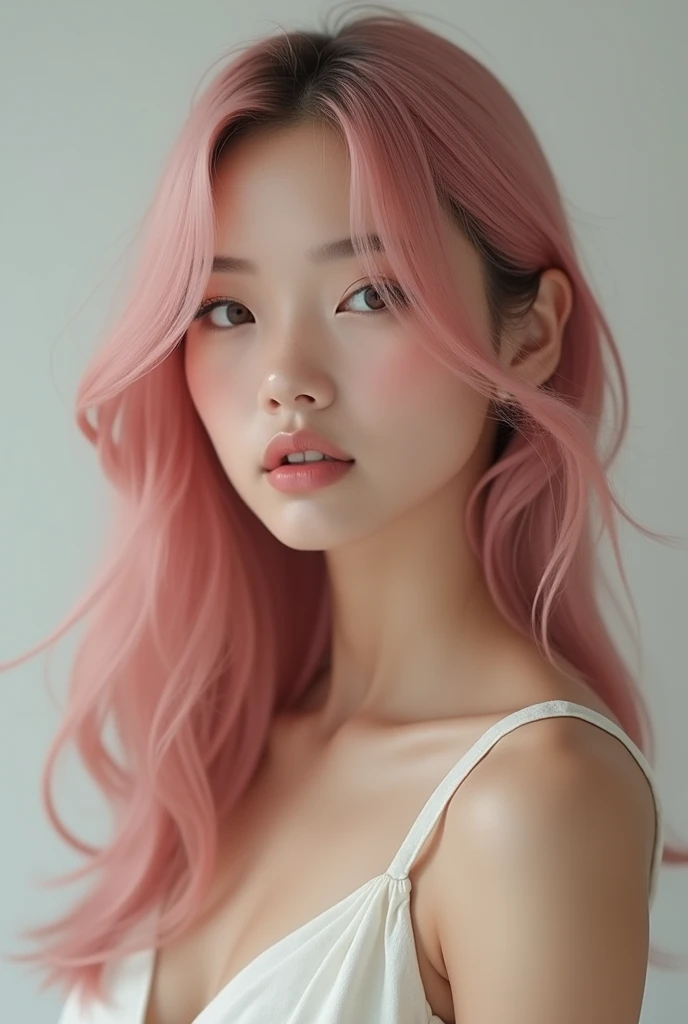 Oval shaped face, brown skin color woman, straight pink hair, light pink eyes, long eyelashes, small nose, narrow chin, full pink lips, front view, wearing  white mini dress