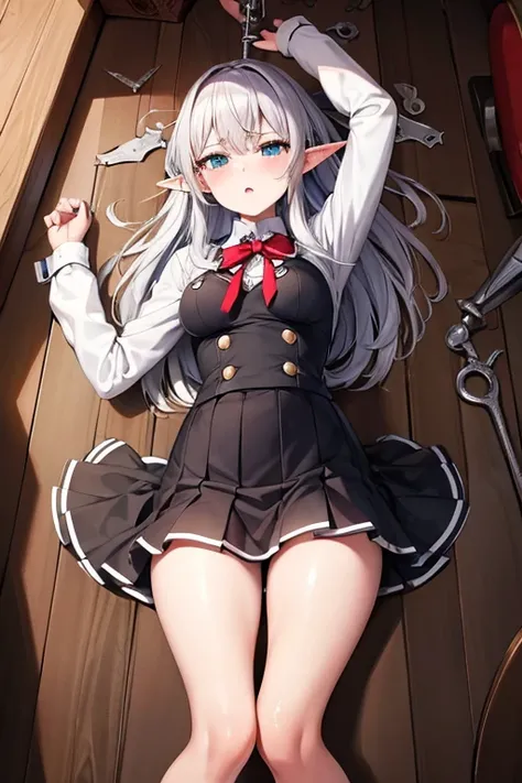 Elf, Silver Hair, In the torture chamber, Lying on an iron bed and crucified, school uniform, skirt, White Shirt,  Open your mouth, Raise your hands,  Crying face, Small breasts, A large iron collar with spikes and handcuffs, Spread your legs, I wear cloth...