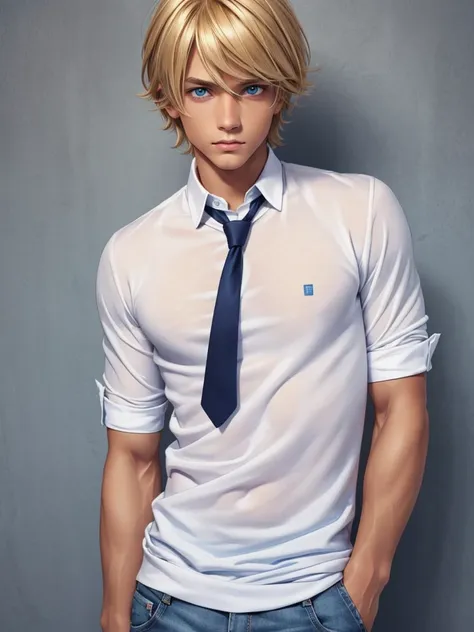 (best quality), 1boy, male, tanned skin, blonde hair, medium hair, side bangs, beautiful hairstyle, blue eyes, perfect eyes, cut...