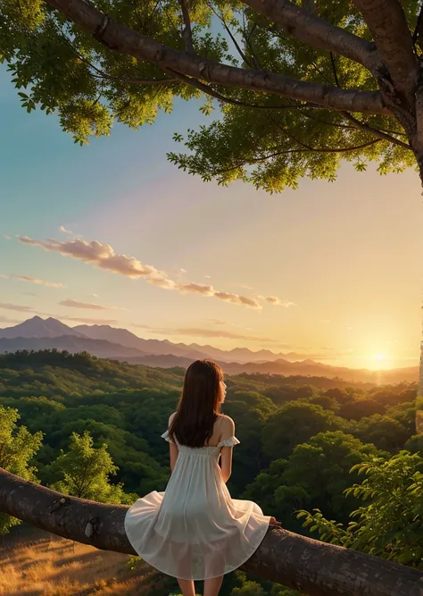 A girl sitting on the branch of a huge tree、Girl in a night dress、The view from high up in the treetops、Sunset over the mountains in the distance、Photorealistic、Detailed depiction、Create a sense of atmosphere、8k,16K、In detail