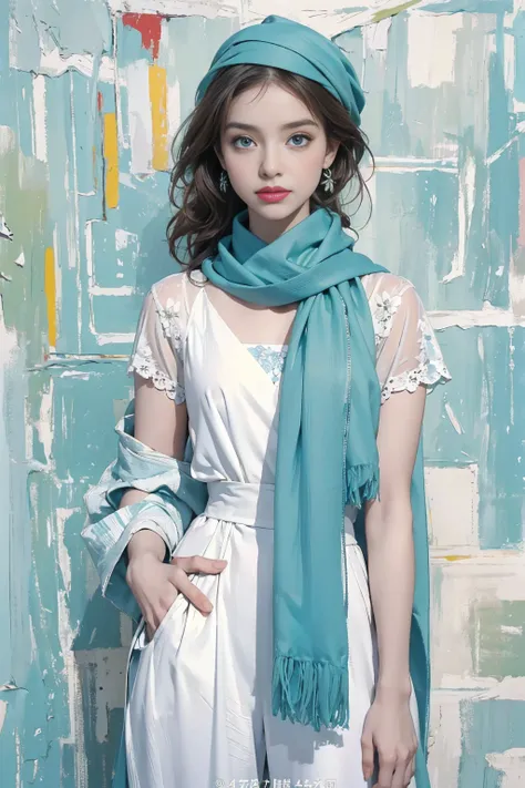 (masterpiece:1.2, best quality), (Vogue magazine cover), Fresh sky-lime collection, an airy, sky-blue tunic with a light lime scarf wrapped effortlessly around the neck, paired with white, wide-legged trousers, (the scarf is subtly embroidered with lime an...