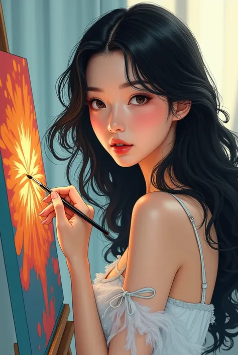 1 girl, painting, Handsome and beautiful, Single, lip, Random color，Black hair, manhwa