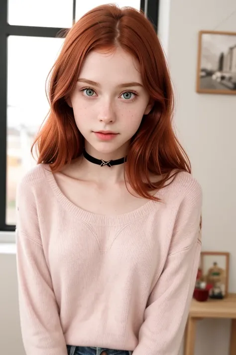 raw photo,(13yo skinny redhead girl:1.2), cheek dimples, blushing, graphic eyeliner, rouge, (lipstick:0.6), (choker:0.9), realis...