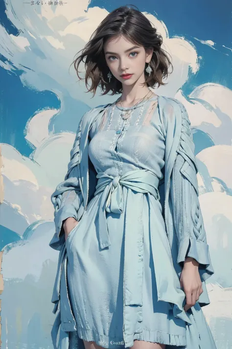 (masterpiece:1.2, best quality), (Vogue magazine cover), Fresh sky-lime collection, a light lime cardigan with cloud-like cable-knit details, worn over a sky-blue midi dress, (the dress has layers of fabric that create a cloud-inspired flow), (model captur...