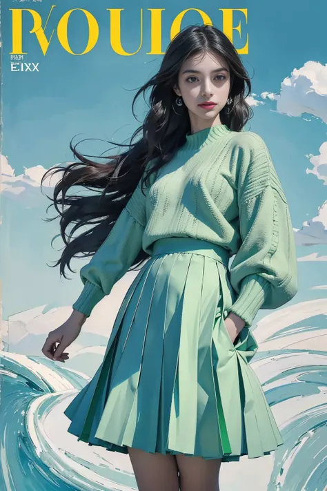 (masterpiece:1.2, best quality), (Vogue magazine cover), Fresh sky-lime collection, a lime-green knitted sweater with soft blue accents, paired with a sky-blue pleated skirt, (the skirt’s pleats move like waves of clouds on a breezy day), (model portrays a...