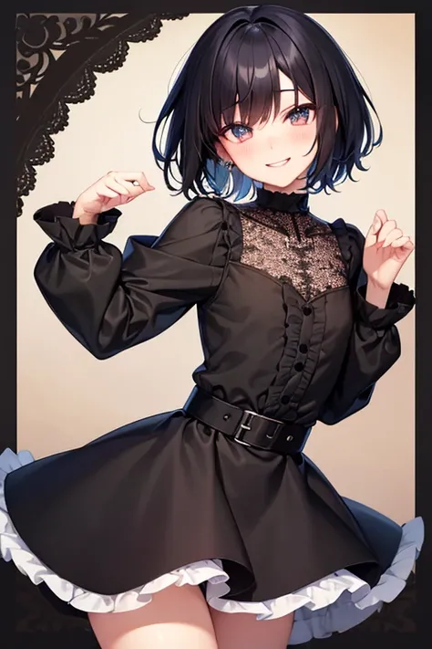 Highest quality, Androgynous male,Cute face,Flat Chest,Black Hair,Short Bob Cut,High Waist Skirt,frill skirt,Lace blouse,Blouse with collar,Smiling shyly, Blushing, Character portrait, 