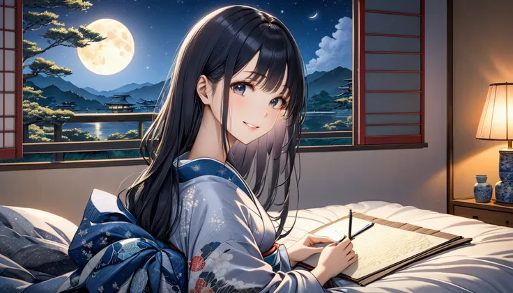 anime, A beautiful young Japanese woman with long black hair, soft moonlight illuminating her face, The background has a summery atmosphere, cozy bedroom setting, romantic and tranquil atmosphere, photorealistic, Highly detailed Ukiyo-e, Japanese painting,...