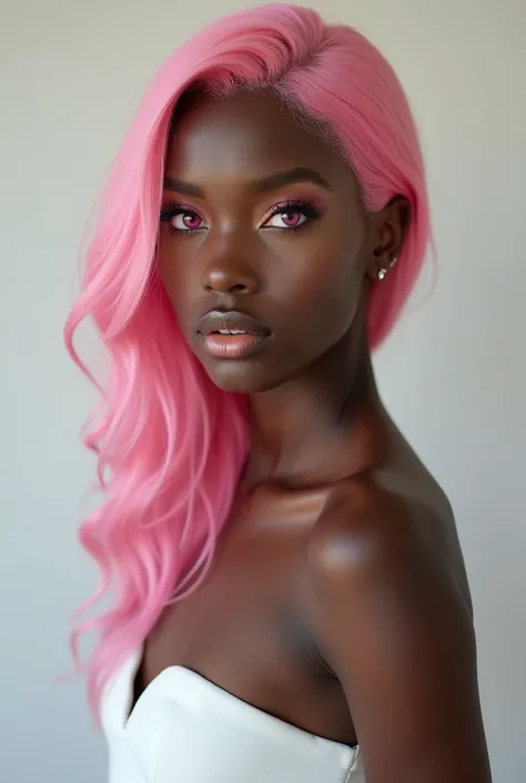 Oval shaped face, dark brown skin color woman, pink hair, pink eyes, long eyelashes, small nose, narrow chin, full pink lips, front view, wearing  white mini dress