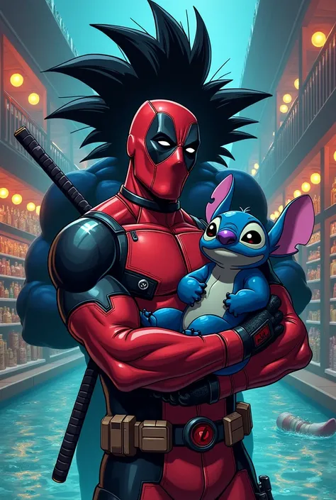 POOLSTORE large print with dead pool holding stich in his arms with goku black threatening them