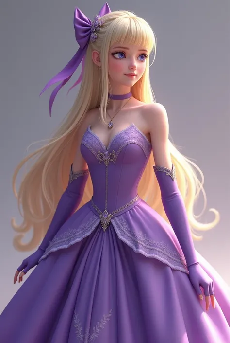 Create an image of a blonde with straight hair wearing a purple sleeveless princess dress and purple gloves with a purple bow in her hair to make her look more realistic. 