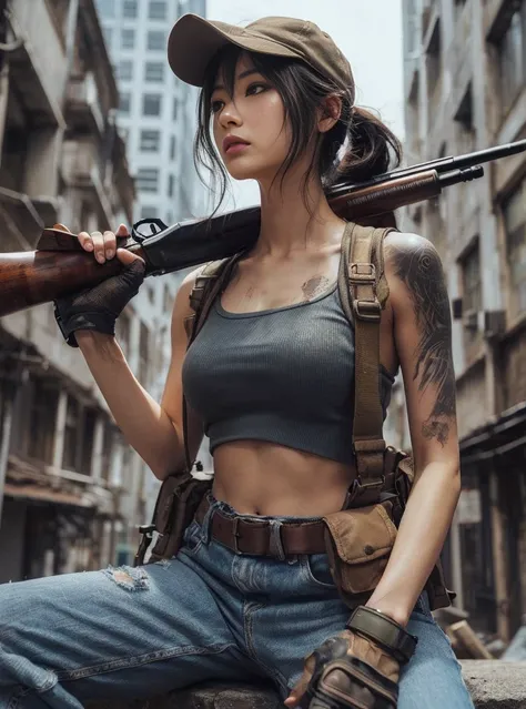 8k,Realistic Photo、Realistic Skin Texture、Superrealism、Japanese women living in America、General citizens、Civilian、Tattoo、cap、jeans、sneakers、Short sleeve shirt、Beauty、American cityscape、Old building、Reload、row pods、
Mossberg ｍShooting a 590 shotgun、Covered ...