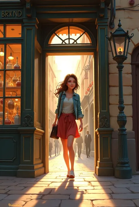 A young woman walking out of a shop