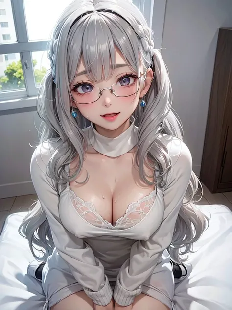 1Girl, Solo, Anime, Ideal body, (Cleavage, Small breast, Hard Nipple). Beautiful, Gorgeous, Fresh, Blunt Bangs, (White Grey Hair:1.5),(Straight and Wavy Long Hair:1.3), Virgin Sweater, Sweater, Comfort, Loose, Fabric Texture. (Seiza:1.3). Earrings, Thin Bl...