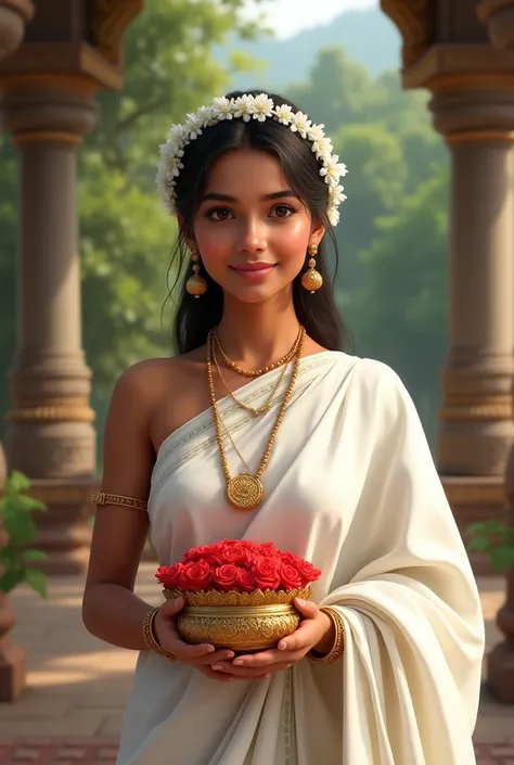 Kerala girl standing wearing  white traditional saree and having a white garlet on her head with white small flowers and holding a small hanging basket made with gold filled with red flowers of visiting to kerala temple  exposing her breast 