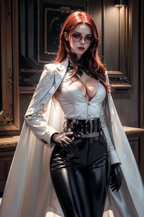 [cowboy shot], a beautiful young woman with long red hair, slim body, thin waist, narrow hips, detailed facial features, ((wearing high quality high waist black leather pants)), ((a formal white colored silk shirt with cleavage and long sleeves)), ((a whit...