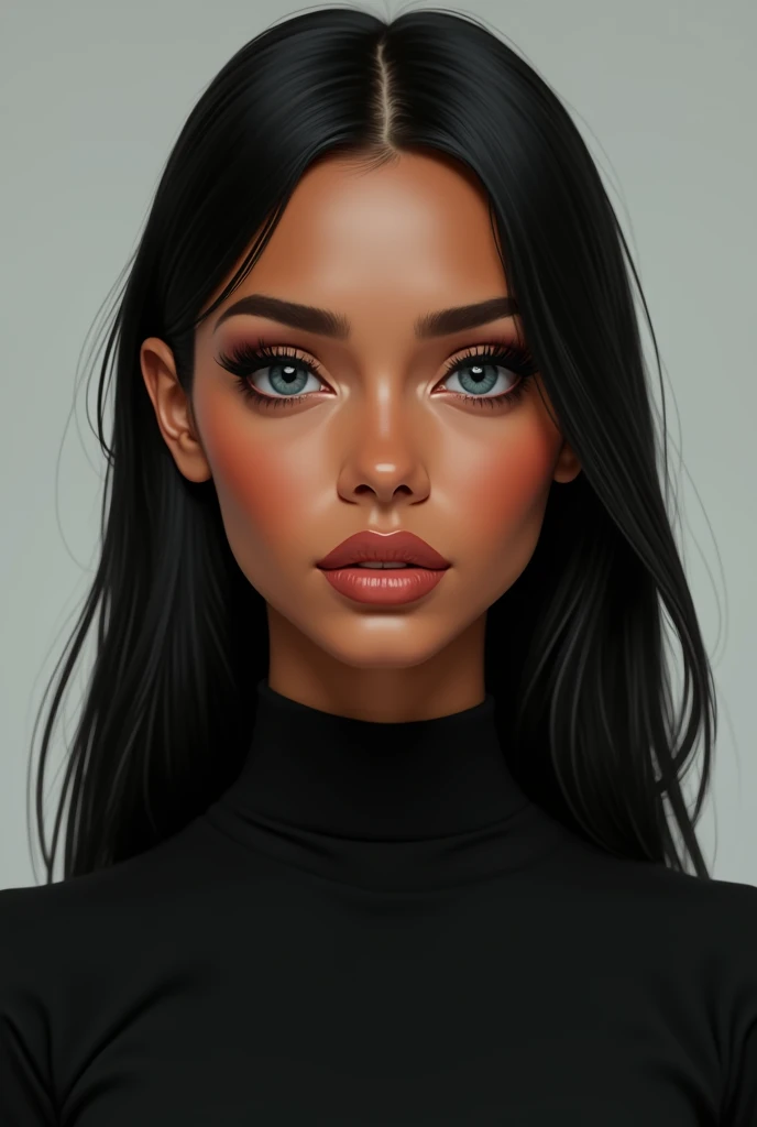 Long oval shaped face, creol skin color woman, black straight hair, blue eyes, long eyelashes, small nose, narrow chin, full lips, front view, wearing  black top