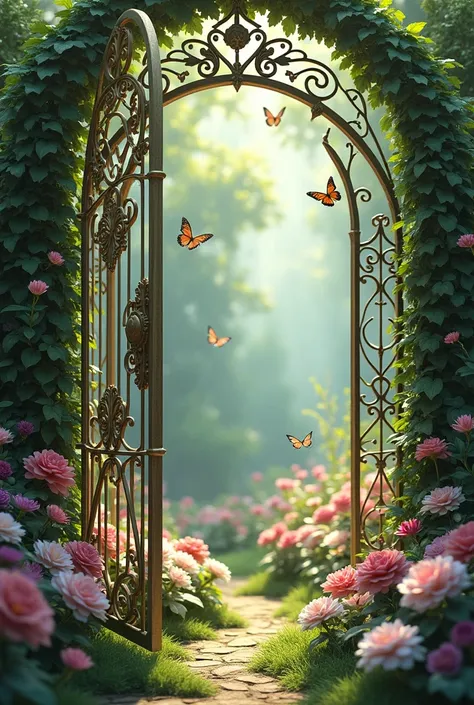 A secret garden, with a very beautiful and delicate gate, flowers and butterflies