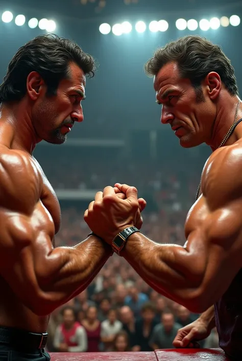 Create an image of Sylvester Stallone from the movie Falcon:the Champion of Champions arm wrestling with Arnold Schwarzenegger