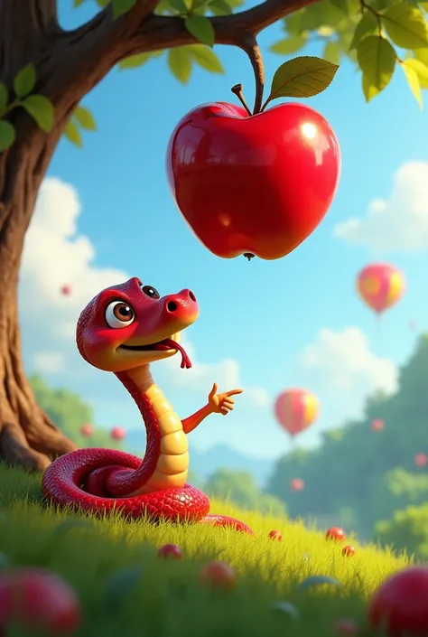 (photorealism:1.2), Dora the red snake is now pointing to a large, shiny red apple hanging from a tree branch. The apple is so glossy that it reflects the sunlight. Beside her is a floating balloon, round and bright, in various colors, gently swaying in th...