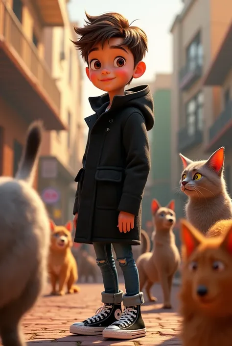 Disney Pixar 3D style movie cover released on the 24th light skin brown hair brown eyes black coat jeans All Star shoes background animals cat and dogs name of the movie Cauê the animals