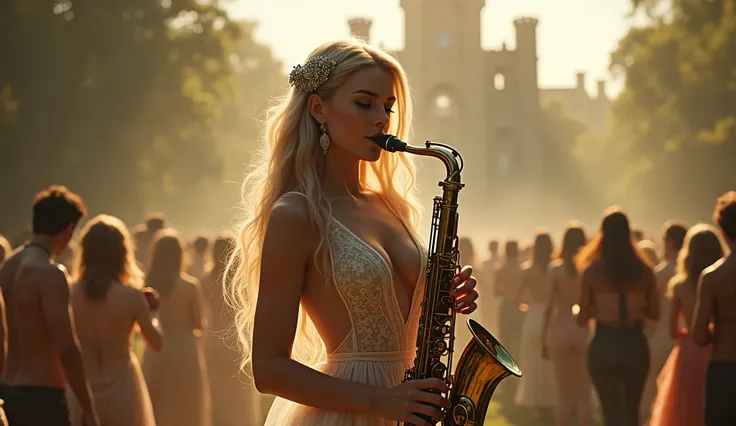 A fantasy, beautiful girl playing Saxophone, shes wearing a white sheer transparent sexy dress, she has (BIG large breast and long blode hair, her dress is very low cut revealing clearage, ((nude)), she is wearing emeralds and silver Jewels, there is an Ir...