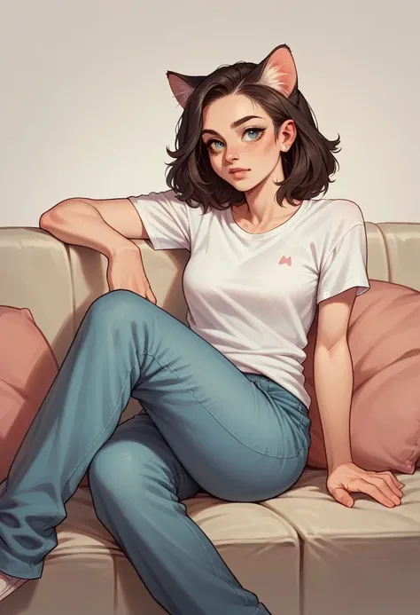 best quality,ultra-realistic, modest woman wearing tshirt and pants, sitting on couch, with persian cat pet