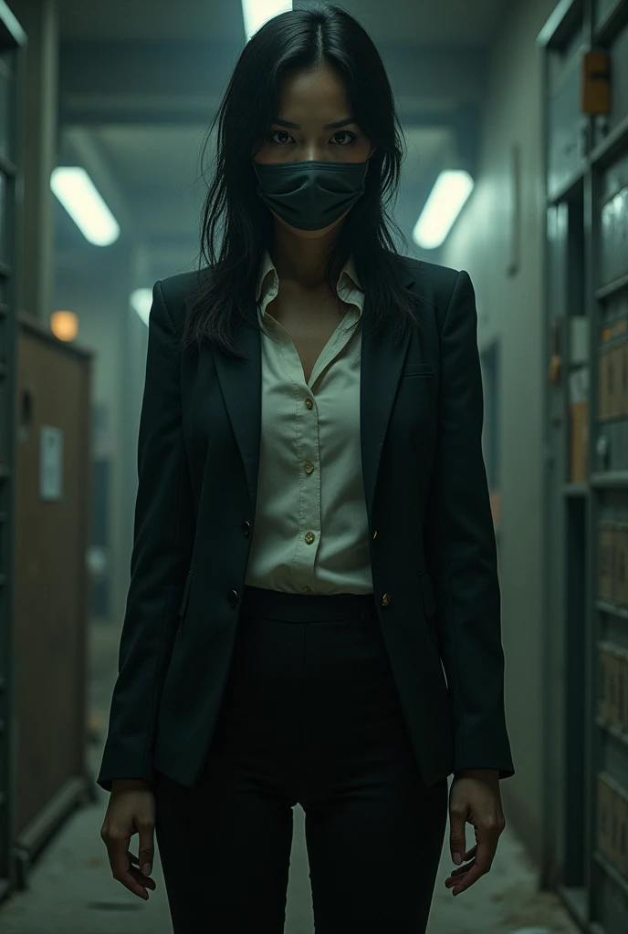 Vietnamese female detective with her hands and feet tied and her mouth gagged with tape