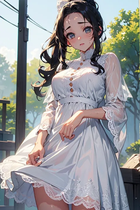 ((((High resolution, Intricate details, masterpiece, 8k, from front)))), (((beautiful, White dress, lace, Sweatをかいている, Wet Skin))), ((One Woman, Expressionless, Red cheeks, slender)), (Black Hair, Beautiful forehead, Long Hair, ponytail, Glowing Skin, Swea...