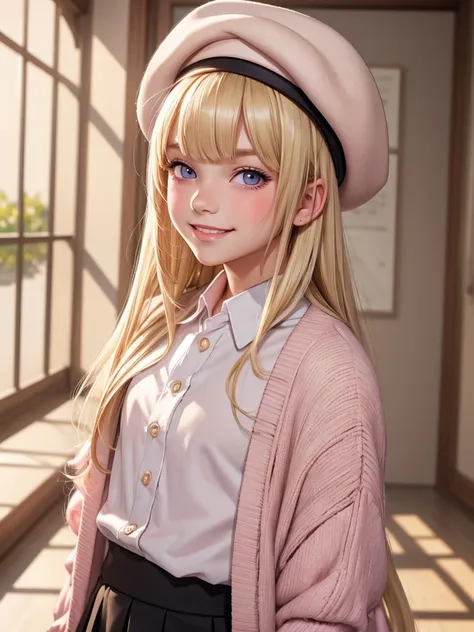 (best quality), 1boy, male, femboy, cute face, porcelain skin, blonde hair, straight hair, long hair, swept bangs, beret, cardig...