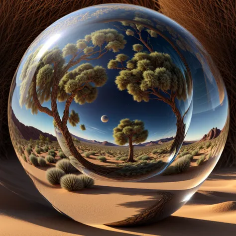 arafed image of a baby cat inside a glass ball on a desert landscape, tree of life inside the ball, surrealistic digital artwork, surrealism 8k, surreal digital art, surreal art, surreal 3 d render, 3d render digital art, marc adamus, surreal concept art, ...